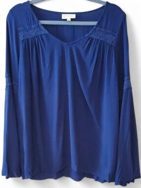 ModCloth Lace Trim Bell Sleeve Navy Blue Top Size L